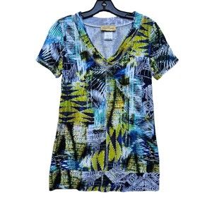 Kristen Crenshaw Short Sleeve Blue And Yellow‎ Tropical Print Size Medium Shirt